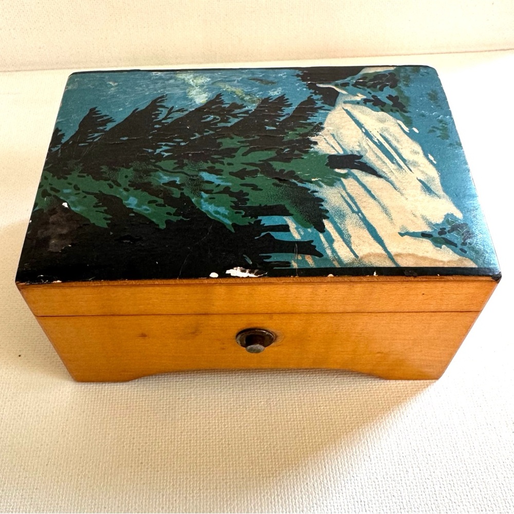 Vintage Swiss Wood Music Box Painted Forest Scene Lador Movement Repair Parts
